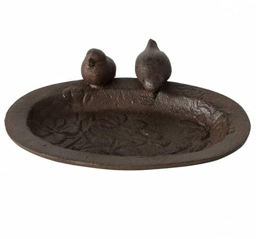 L'Héritier Du Temps Bain Oiseau Fonte Patinée Marron Mangeoire Ovale à Poser Bénitier Motif Floral 5,5x15x19,5cm