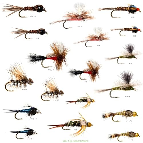 26 Go-to Fly Flies Kit Fliegensortiment Forellen Barsch Angeln | Trockenfliegen, Nassfliegen, Nymphen Fliegen, Caddis | Forellenangeln Köder Set