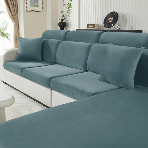 CYCMACO Samt Sitzkissenbezug, Stretch Sofa Sitzkissenbezug rutschfest, Universal Sofa Überzug Wohnzimmer, Elastischer Kissenbezüge, Waschbare(1-Sitzer*3, Grau Blau)