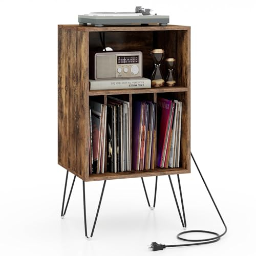 GIANTEX Mesa Auxiliar para Tocadiscos de 3 Niveles, Estantería de Discos de Vinilo con Estante y 4 Divisores, Mesita de Noche con Estación de Carga (Marrón Rústico)