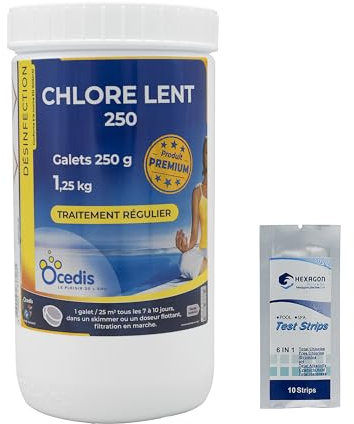 OCEDIS Chlore Lent 250 Galets 250g - 1,25kg | Chlore Lent Stabilisé - Non Comburant - Désinfection Régulière - Dissolution Lente + 10 Tests HPS OFFERTS 6 en 1
