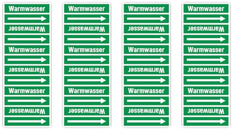 Aufkleber: 75x25 mm, 4 Stück - Gruppe 1 - Wasser - Banderole - Rohrleitungskennzeichnung - nach DIN 2403 - Sprache: deutsch - Warmwasser
