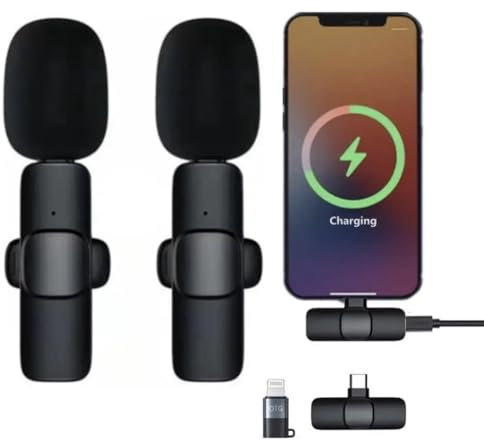 Wireless Microphones for iPhone iPad,[Lightning+USB-C], Clip on Lapel Lavalier Bluetooth Microphone for Video Recording,PC, Laptop, Live Streaming (iOS&USB-C/2Mic)
