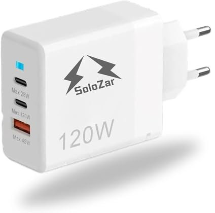 SoloZar 120 W Multi-Port Dual PD&QC 3 Wall Plug Charger for Phone, Laptop, Tablets with Indicator Light, Compatible with iPhone, Earphones, Smartwatch, Galaxy, Xiaomi, Huawei, Google Pixel, ...
