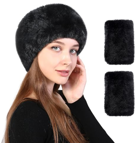Hifot Fellmütze Stirnband Winter mit Fingerlose Handschuhe, Kunstfell Ohrenwärmer Damen mit Handschuhe Ohne Finger, Ohrenschützer Russische Mütze Pelzmütze Winter Kostüm
