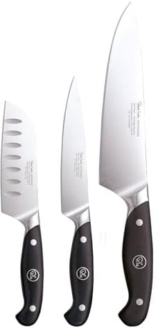 Robert Welch Professional Home Chef Knife Set, 3 Piece. Crafted from German 1.4116 Stainless Steel. Santoku Knife 12cm/4.5, Kitchen Knife 14cm/5.5, Chef's Knife 18cm/7.5.