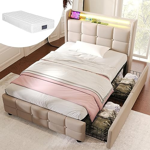 Polsterbett Einzelbett 90x200 cm, LED Jugendbett Stauraumbett Funktionsbett Bettgestell mit 2 Schubladen und Holz Lattenrost, Kopfteil mit USB Ladefunktion und Staufach, Leinen, Mit Matratze, Beige