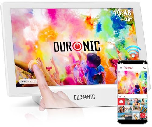 Duronic PF1D WE digitaler Bilderrahmen, Frameo WiFi Bilderrahmen mit 32GB Speicher, Weißer Bilderrahmen mit Dockingstation, 10 Zoll Display und 800 x 1280 IPS Auflösung, Vertikal und Horizontal