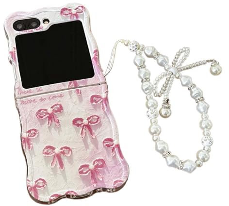PIQIUZC for Samsung Galaxy Z Flip 5 Case with Pearl Chain,Cute Pink Bow for Galaxy Z Flip 5 Phone Case,Butterfly Bowknot Oil Painting Pattern Protect Cover (With chain)