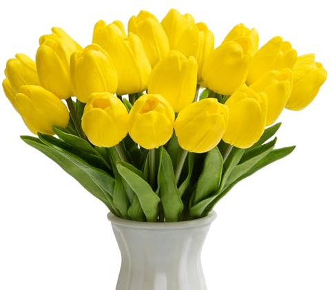 LEUCHTAMOR 20 Stück Künstliche Tulpen gelb Tulpe Latex tulpen real Touch Tulpen Sträuße Faux Tulpen Blumen für Hochzeit Büro Garten und Haus Dekoration
