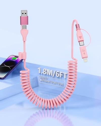 Cable CarPlay para iPhone 15 y 16, cable USB-C 4 en 1 en espiral, cargador de coche de 3 pies para iPhone para Samsung Galaxy, Google Pixel, compatible con CarPlay y Android Auto