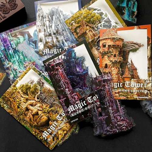 Magic Scrapbooking Journal Zubehör Aufkleber,60 Stuck Scrapbook Sticker Aesthetic Set in PET, Scrapbooking Junk Journal Sticker für Alben,Bullet Journal, Journaling, DIY Fotoalbum(MagicTower）