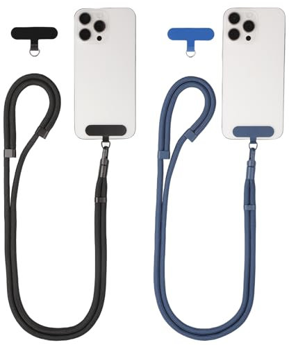 Segus Handyband, 2 Stück 7mm Handykette zum Umhängen, Handy Lanyard mit Robuste Haken und 4 Stück Universelles Pad, Verstellbar und Abnehmbar, für Standard Handyhülle (Schwarz + Blau)