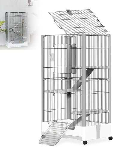 XMTECH Kleintierkäfig mit 4 Ebenen auf Rollen – Metall Kaninchenstall mit Plattformen, Leitern, Kotwannen & Schloss – für Kaninchen, Meerschweinchen, Frettchen – Weiß & Grau