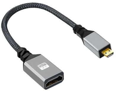 Adaptador Micro HDMI Macho a HDMI Hembra 4K, Cable con Trenzado de Nylon, Soporta HDR 3D ARC Ethernet, Compatible con Raspberry Pi 4 Hero 7/6/5 Sony Alpha Canon EOS Fujifilm, Tablets y Cámaras, Gris