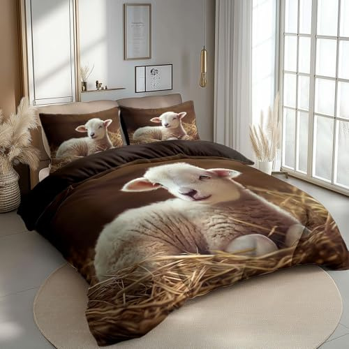 CozyRest Bettbezug 135 x 200 cm Bettwäsche Set 3 Teilig mit 2 Kissenbezügen, Muster Schaf Wende Bräunen Bettwäsche für Erwachsene Kinder, aus Weiche Mikrofaser mit Reißverschluss