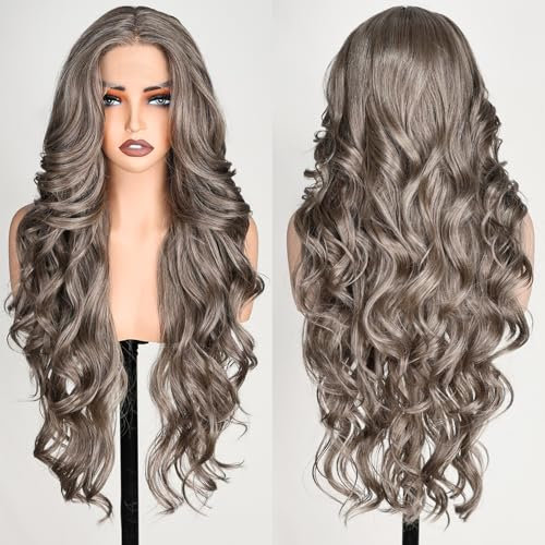 FABÉLLE Perruques Avant en Dentelle Grey Corps Synthétique Wave Wear and Go 13x4x1 Dentelle en t 28 Pouces Pré-plumé Avec Cheveux de Bébé Perruque Avant Sans Colle HD Pour Femme