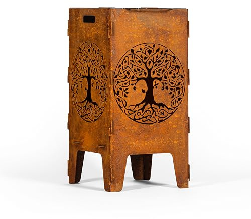 D&L Lasertec Feuertonne aus 3mm Stahl mit Lebensbaum, inklusive Grillrost, Edelrostdeko für den Garten, Grillschale