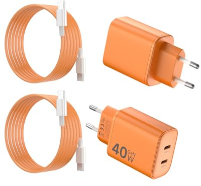 2Pack Cargador 40W Carga Rápido con 2 Puertos USB C | con USB C Cable de 2M para iPhone 17Pro Max/17 Pro/17/16/15 Plus, para iPad Pro/Mini/Air - Naranja Cósmico