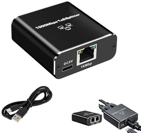 LAN Switch 2 Port, LAN Splitter 1 auf 2 1000Mbps Ethernet Splitter Aluminiumgehäuse 2-Port Gigabit Ethernet Switch für Computer, Router, PS5, TV, Set-Top Box, Laptop, Hub, Netzwerkgerät