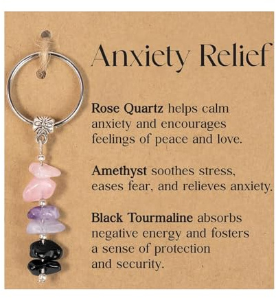 Beaded Keyring with Semi-Transparent Crystal Look - Amethyst Rose Quartz Tourmaline - Personalised Sister Gift for Women Girls Birthday Graduation Keepsake Boho Style Jewellery (Anxiety Relief)