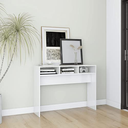 Zeehear Table console blanche brillante, 105 x 30 x 80 cm, en bois dérivé du bois, table de couloir étroite, table d'appoint pour entrée et salon