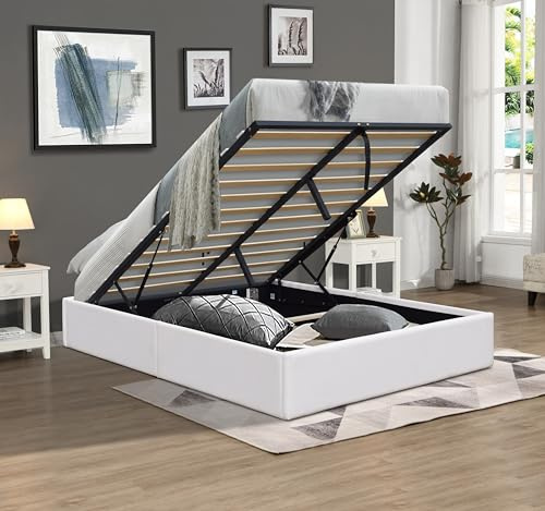 King of Dreams Solide Lit Coffre Gris + Pieds pour Matelas - Loris - Montage Rapide et Facile - revetement PVC Simili Facile d'entretien (Blanc, 160x200)
