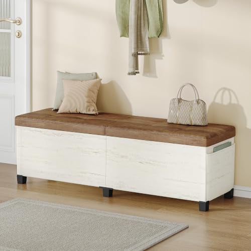 Hzuaneri Truhenbank mit Stauraum, Faltbar, Weiß Braun, 40 x 140 x 44 cm | Aufbewahrungsschrank, Leinenbezug, Tragkraft 150 kg, Für Wohnzimmer, Schlafzimmer, Flur, SB31499YW