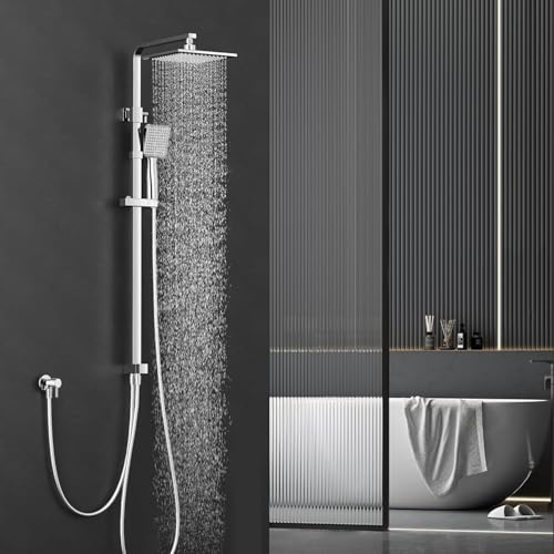 HOMELODY Regendusche Duschsystem ohne Armatur Chrom, Duschsystem Edelstahl Duschset ideal zum Nachrüsten, Verstellbare Duschsäule Ohne Thermostat Duschset Eckig