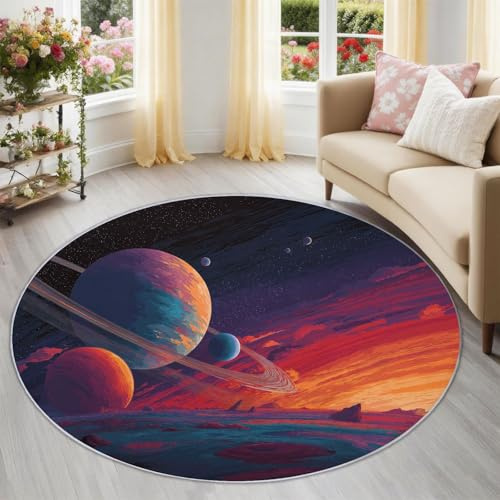 Fremde Planeten Teppich Rund 90 cm für Kinderzimmer, Mehrfarbig Waschbarer Spielteppich rutschfest, Sci-Fi Weltall Nebel Kurzflor Weich & Sicher