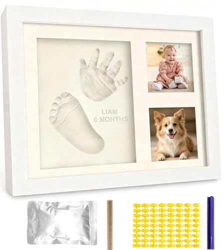 ZenithPeak Fußabdruck Boby Abdruckset, Ton Handabdruck Boby Andenken Rahmen Bobygeschenke mit Holz Bilderrahmen Und No Mess Tintenauflage Pfotenabdruck Set Hund Katze Handabdruck Set fur Mädchen Junge
