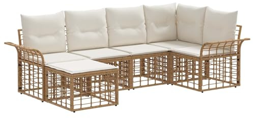 vidaXL Outdoor-Sofagarnitur 6 pcs Natürlich und Cremweiß Polyester, Modulares Outdoor-Set, wetterfester Garten-Sofa, verstellbare Füße, rustikale Möbel, vielseitige Sitzgelegenheit