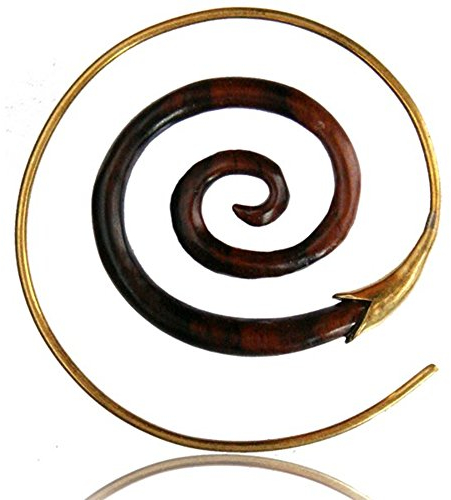 Chic-Net Fake Holz Piercing Narra Wood Brass Spirale Blume golden Ohrring Organic Tribal | Unisex Damen Herren Ohrhänger Messing | Fossilien-Spirale Ohrstecker Spirale