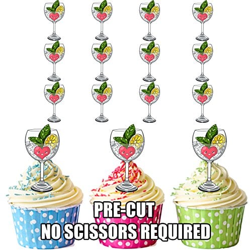 AK Giftshop PRE-CUT Gin And Tonic - Edible Cupcake Toppers/Cake Decorations (Pack of 12)