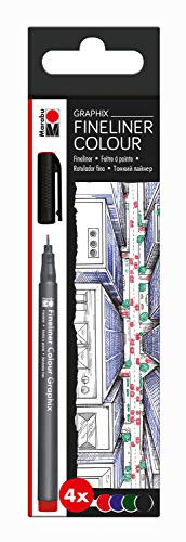 Marabu 0146000000102 - Fineliner Graphix, Set Skyline, 4 brillante Farben, Strichstärke ca. 0,5 mm, wasserbasierte Pigmenttusche, metallgefasste Kunststoffspitze