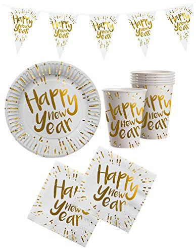 Karneval-Klamotten Party Set Silvester Geschirr Tischdeko mit Wimpelkette Neujahr Happy New Year 25 Teile