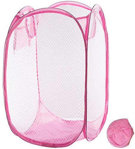Qtopun Mesh Popup Laundry Hamper Foldable Laundry Basket Portable Dirty Clothes Basket Collapsible Dirty Clothes Hamper for Bedroom, Kids Room, College Dormitory and Travel (Pink)