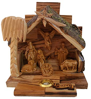 Geschnitzt aus Bethlehem Olivenholz Weihnachtskrippenset mit Stall (Alabaster-Set)