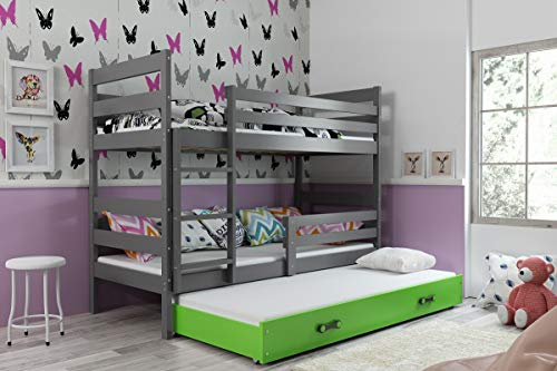 Interbeds Etagenbett Hochbett Eryk 3 (für DREI Kinder) 90x200cm Farbe: GRAU Kinderbett mit Lattenroste und Matratzen (grau + grüne Schublade)