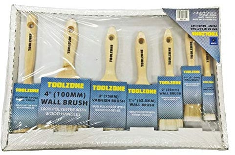 Toolzone 100% Polyester Bristle 7 Piece Paint Brush Set - 1, 1.5, 2, 2 (Angled), 2.5, 3 (Varnish), 4