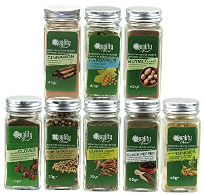 Pack d'épices arabes. Idéal pour cadeaux et l'usage quotidien. 8 bocaux en verre, réutilisables. Poivre noir, coriandre et cumin, clous de girofle, cardamome, cannelle, gingembre, noix de muscade.