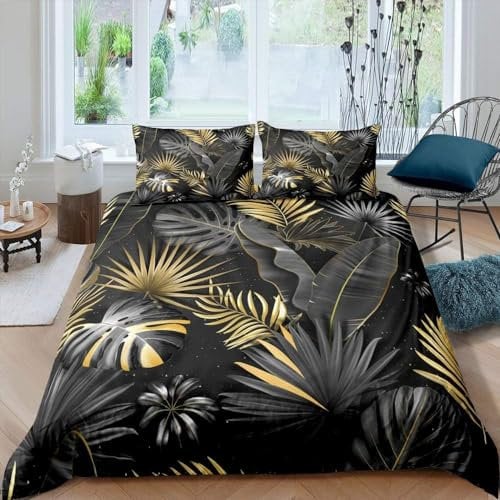 Palm Leaves Duvet Cover Double Size,Tropical Bedding Set for Teens Child Young,Botanical Jungle Comforter Cover Set,Plant Tree Leaf Weed Decor Quilt Cover Pastoral Style Bedroom Decor Gold Gray Black