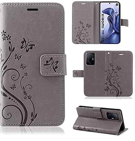 betterfon Hülle Kompatibel mit Xiaomi 11T / 11T Pro | Premium PU Leder Handyhülle Wallet Case für 11T / 11T Pro | Schutzhülle Blumen Klapphülle Handyhülle | Grau