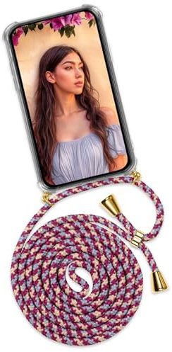 ONEFLOW Handykette für iPhone 13 Pro Hülle mit Band, Handyhülle mit Kette abnehmbar, Handyband zum Umhängen, Handy Umhängeband Lange Handykordel, Twist Case – Rot Gold