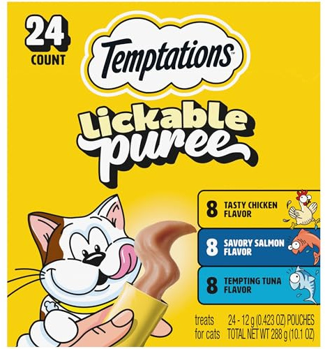Temptations Creamy Puree Squeezable Lickable Cat Treats, Wet Cat Treats with Chicken, Salmon, and Tuna Variety Pack, 0.42 oz. Tubes, 24 Count