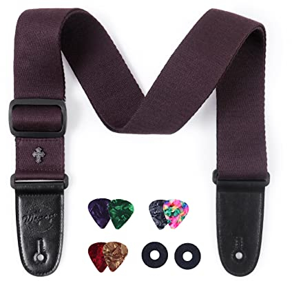 Wepop Gitarrengurt, schwarz, verstellbar, gewebte Baumwolle, mit Enden aus PU-Leder, Zubehör für Akustikgitarre, E-Bass (Braun)