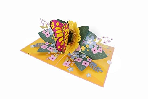MOKIO® Pop-Up Blumenkarte – Schmetterling mit Blumen – 3D Geschenkkarte zum Geburtstag, als Gutschein oder zur Genesung, Blumen Grußkarte mit Umschlag