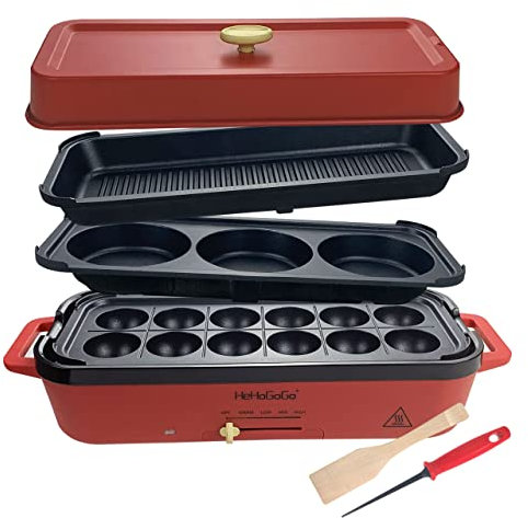 HeHoGoGo - Parrilla eléctrica multifuncional antiadherente para hornear con 3 sartenes intercambiables para pastel Takoyaki, mini panqueke/filete frito