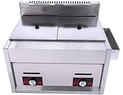 Friteusenkorb, 20 l Gasfritteuse, Edelstahl-Fritteuse, Doppelfritteuse mit großem Fassungsvermögen, mit Korb und Deckel, einstellbare Feuerkraft, leicht zu reinigen