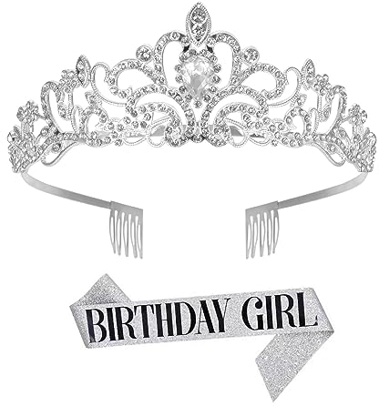 Colexy Kronenkristall Tiara Geburtstagskrone Schärpe, Strass Geburtstag Krone Tiara, Geburtstag Tiara Crown Mädchen Geburtstag Silber Birthday Girl Schärpe, für Partyzubehör Dekorationen Geburtstag